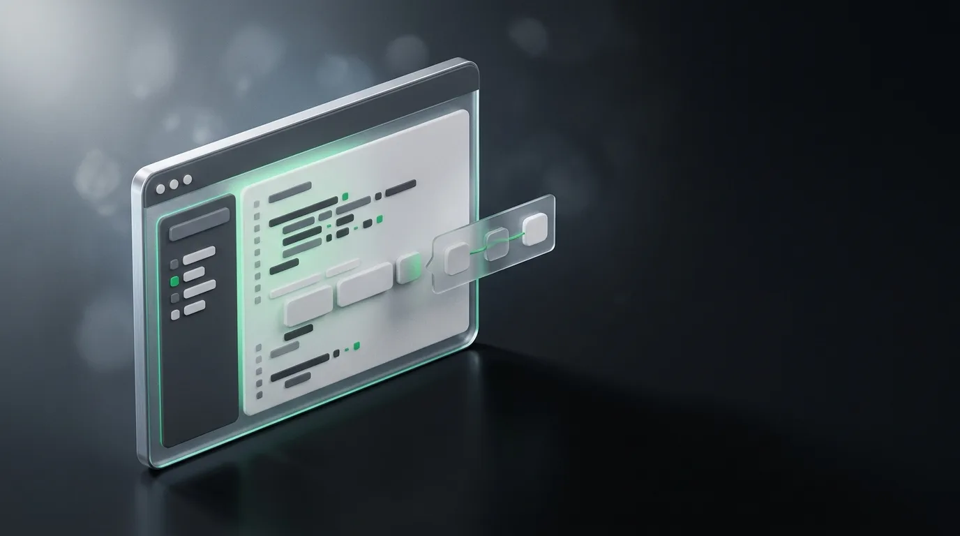 Isometric illustration of an editor with abstract code and a small floating AI hint panel providing structured guidance, in Natively brand green