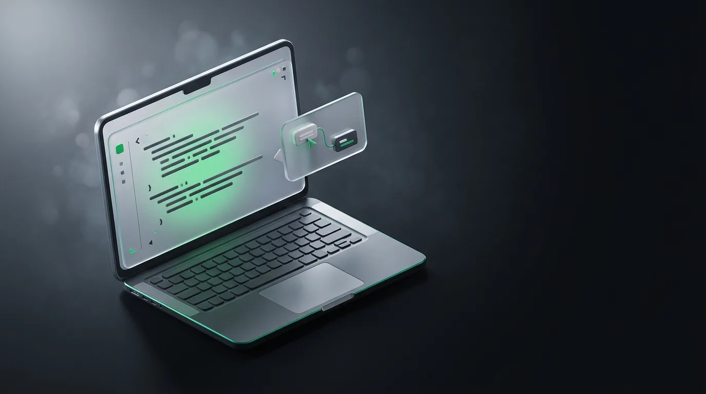 Isometric illustration of a laptop with code on screen and a small coaching overlay floating beside it, in Natively brand green