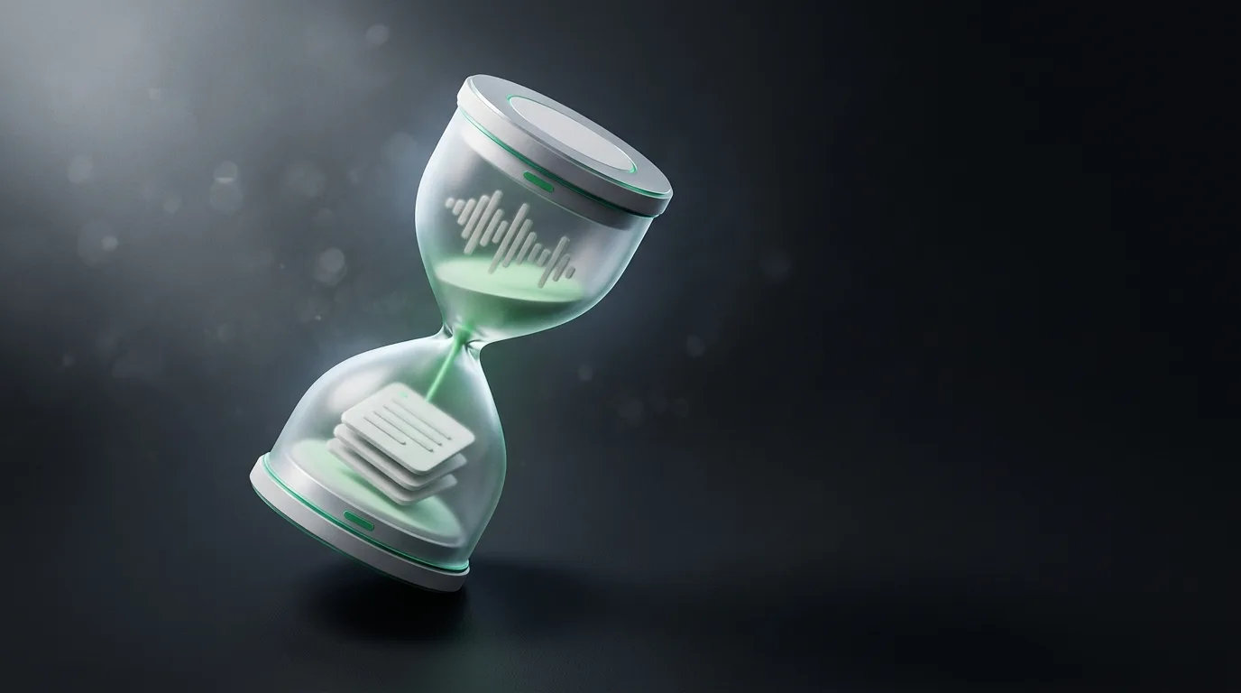 Isometric illustration of an hourglass with soundwave and note-card flow saving time, in Natively brand green on charcoal