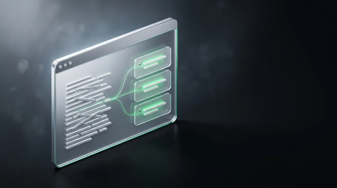 Isometric illustration of messy conversation turning into tidy action-item cards with checkmarks, in Natively brand green on charcoal