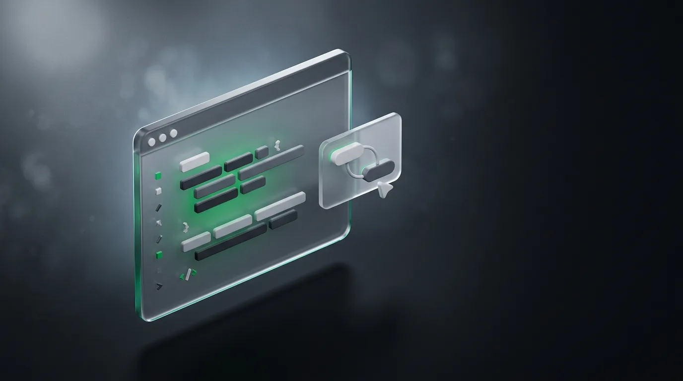 Isometric illustration of a floating code editor panel with structured thinking blocks, in Natively brand green on charcoal