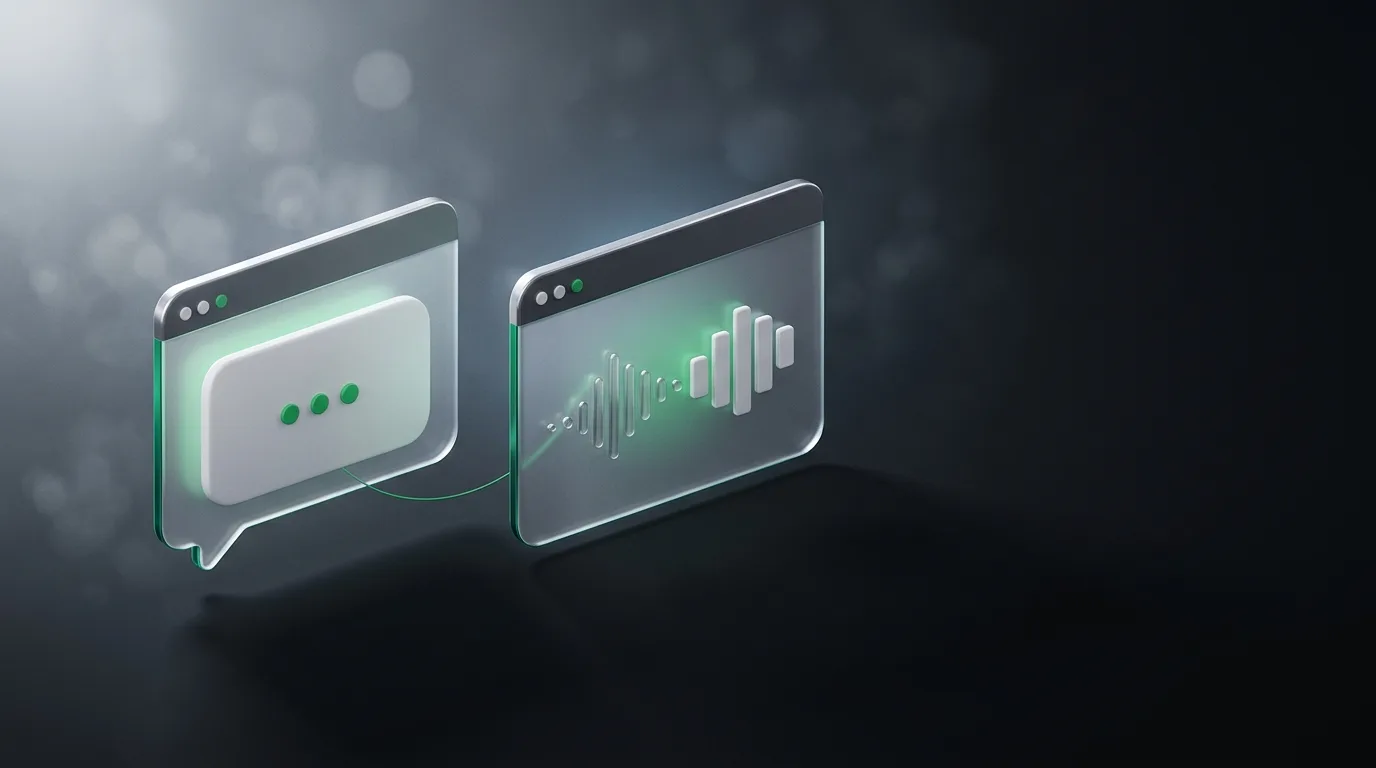 Isometric illustration showing a generic chat interface on one side and a meeting-capable assistant panel on the other, in Natively brand green