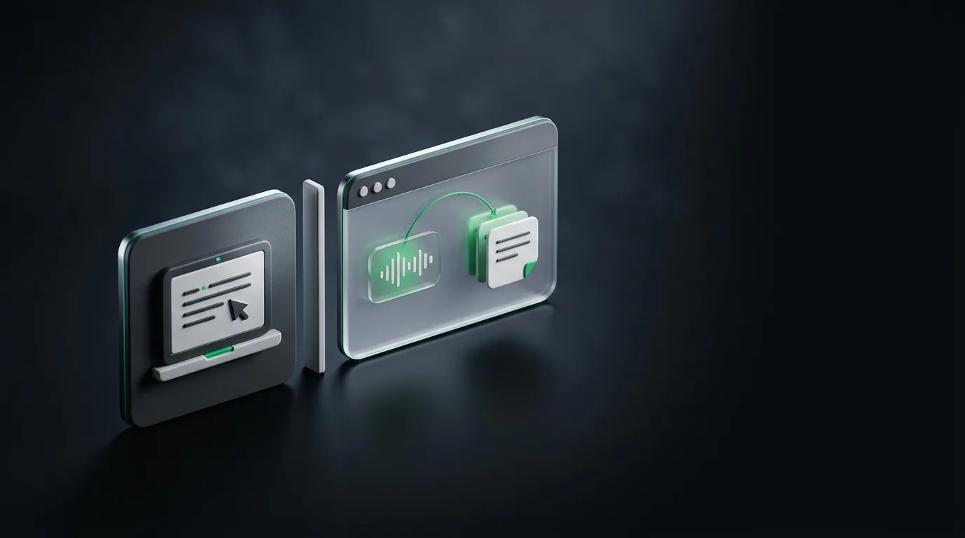 Isometric illustration of a split view: a person typing notes on one side versus a desktop AI panel helping live on the other, in Natively brand green
